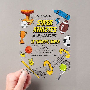 Invitations En Acrylique Bande dessinée Rétro Sports Ballons Anniversaire