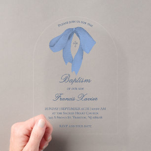 Invitations En Acrylique baptême à l'aquarelle bleu ruban