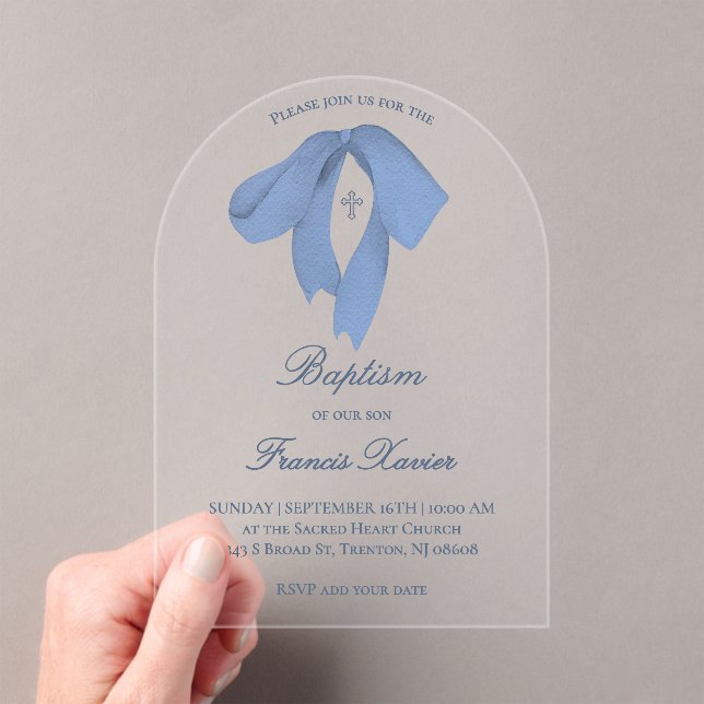 Invitations En Acrylique baptême à l'aquarelle bleu ruban (In situ (ordinateur de poche))