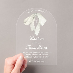 Invitations En Acrylique baptême à l'aquarelle ruban blanc
