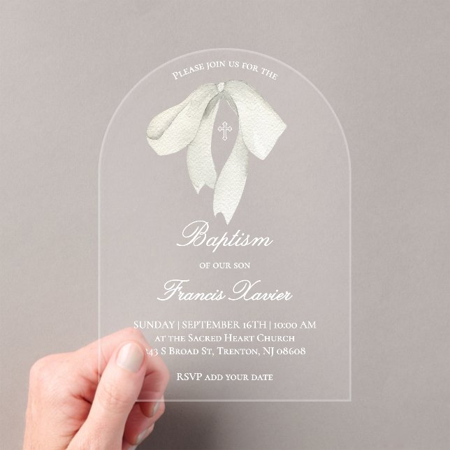 Invitations En Acrylique baptême à l'aquarelle ruban blanc (In situ (ordinateur de poche))