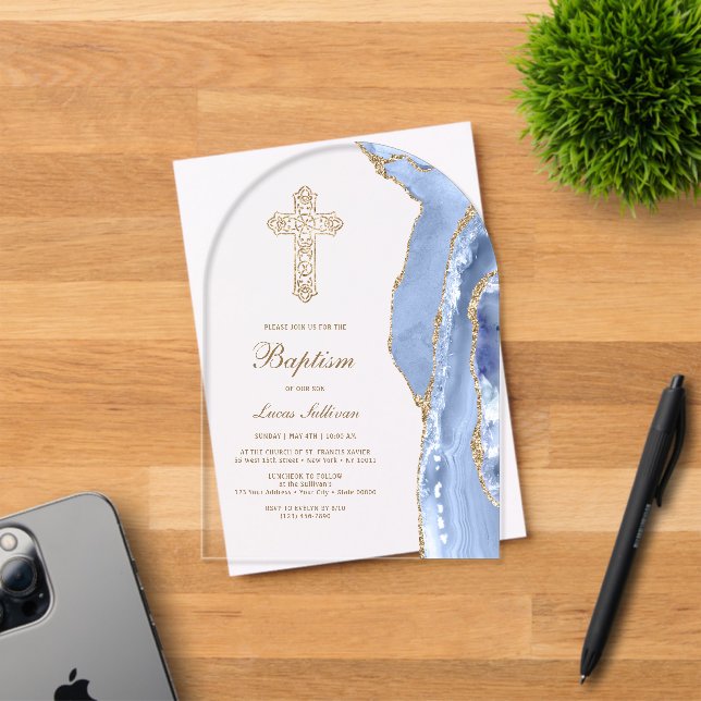 Invitations En Acrylique Baptême Agate Bleu Bleuet (Insitu (Carte d'invitation))