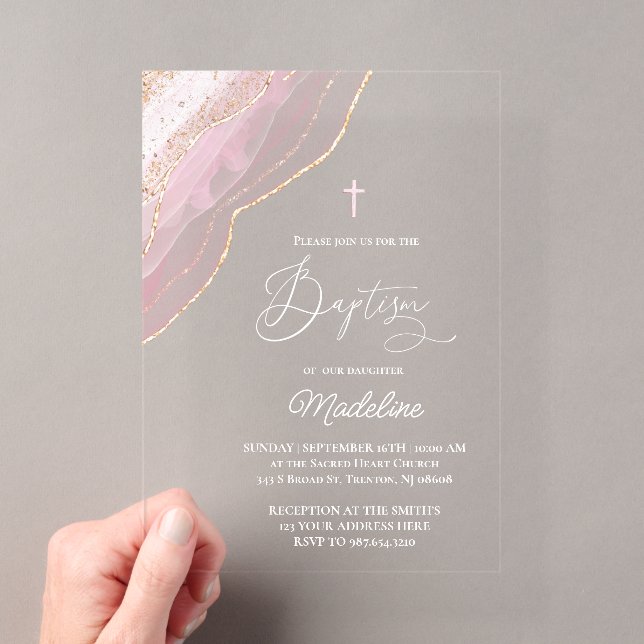 Invitations En Acrylique baptême agate rose élégant (In situ (ordinateur de poche))