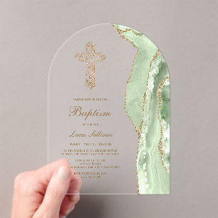 Invitations En Acrylique Baptême Agate Vert Sauge