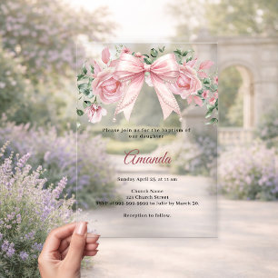 Invitations En Acrylique Baptême Arc Bow Rose Fleurs Fille Élégant de luxe