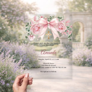 Invitations En Acrylique Baptême Arc Rose Fleurs Fille Croix Premium