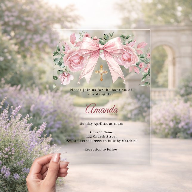 Invitations En Acrylique Baptême Arc Rose Fleurs Fille Croix Premium (Créateur téléchargé)