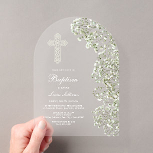 Invitations En Acrylique Baptême arceau Baby's Breath blanc