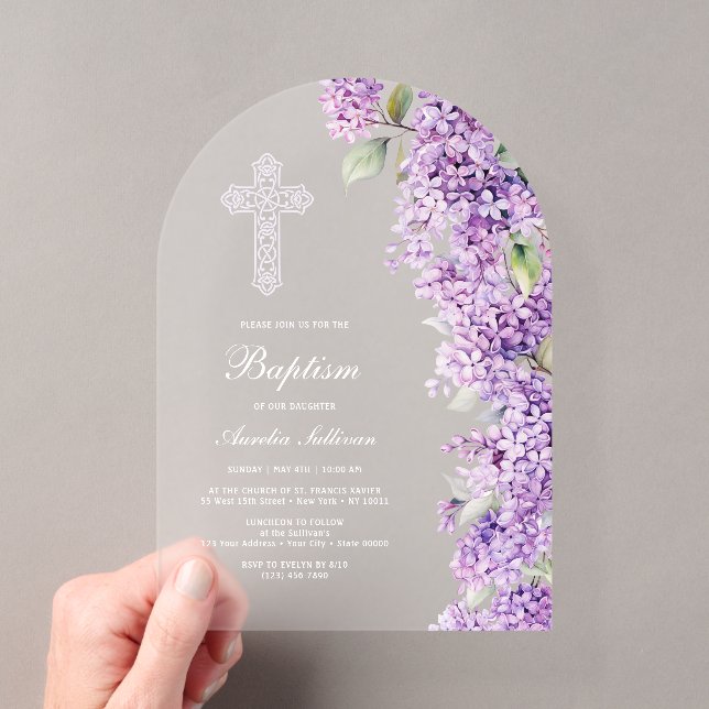 Invitations En Acrylique Baptême Arche Élégante Lilas (In situ (ordinateur de poche))
