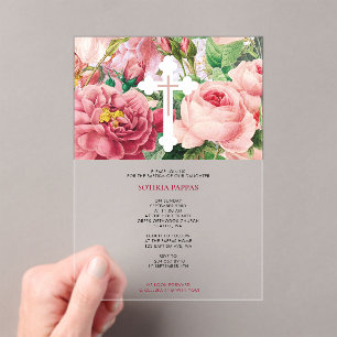 Invitations En Acrylique Baptême Baptême Baptême Fille Roses Rose
