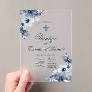 Invitations En Acrylique Baptême bleu garçons avec croix