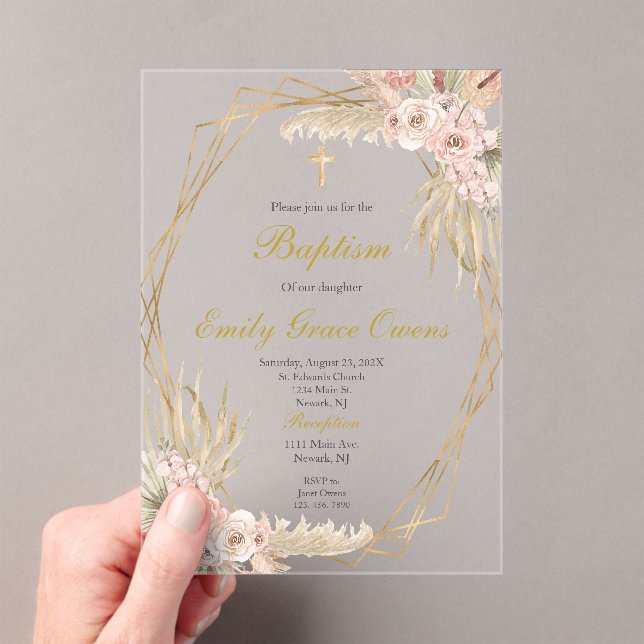 Invitations En Acrylique Baptême bohème rose acrylique (In situ (ordinateur de poche))