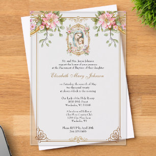 Invitations En Acrylique Baptême catholique Mère Marie Jésus floral rose 
