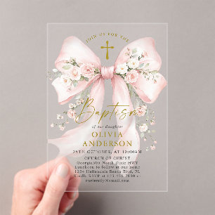 Invitations En Acrylique Baptême chrétien élégant d'une fille Rose Floral B