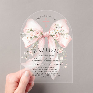 Invitations En Acrylique Baptême chrétien élégant d'une fille - Ruban flora