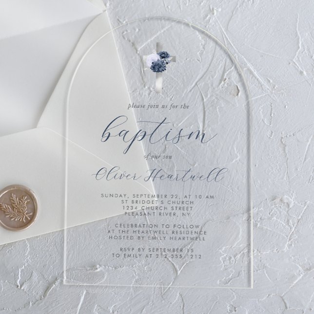 Invitations En Acrylique Baptême Croix Fleurs Bleu Nuit Argent Garçons (Créateur téléchargé)