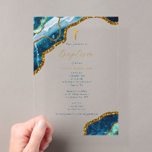 Invitations En Acrylique Baptême Croix Or Agate Géode Bleu Marine