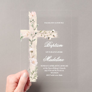 Invitations En Acrylique baptême croix sainte florale