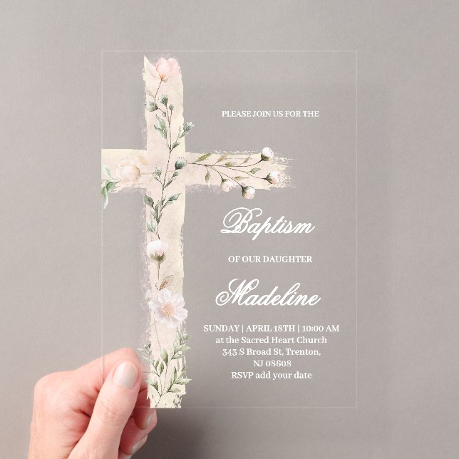 Invitations En Acrylique baptême croix sainte florale (In situ (ordinateur de poche))