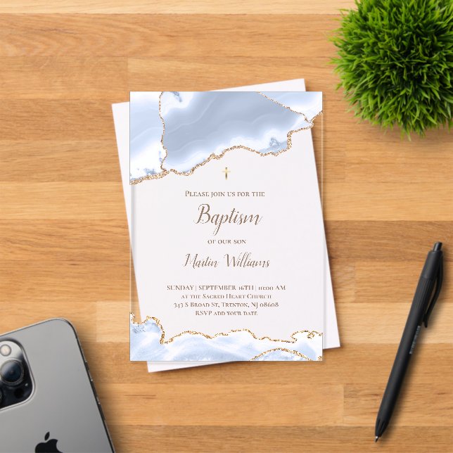 Invitations En Acrylique baptême d'agate bleu pastel (Insitu (Carte d'invitation))