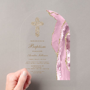 Invitations En Acrylique Baptême d'Agate Rose