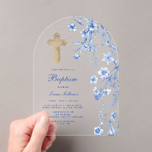 Invitations En Acrylique Baptême d'arc Fleur sauvage bleu français