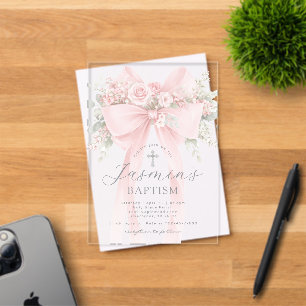 Invitations En Acrylique Baptême de bébé fille floral avec noeud rose blush
