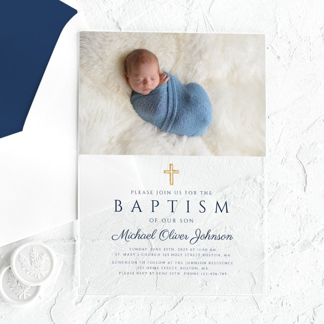 Invitations En Acrylique Baptême de croix religieuse Bleu élégant Boy Photo (Elegant Blue Religious Cross Boy Baptism Photo Acrylic Invitations)
