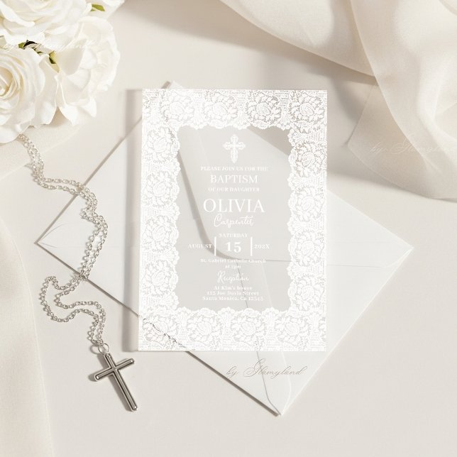 Invitations En Acrylique Baptême de dentelle blanche (Créateur téléchargé)