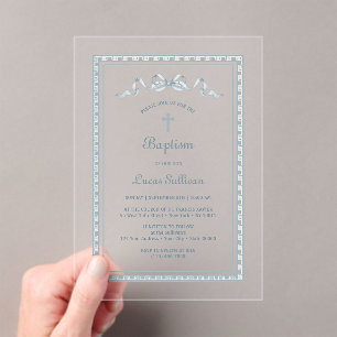 Invitations En Acrylique Baptême de fond grec bleu Dusty