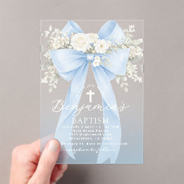 Invitations En Acrylique Baptême de garçon élégant ruban bleu eucalyptus