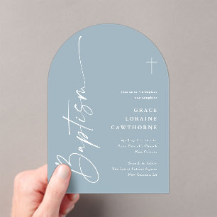Invitations En Acrylique Baptême de garçons bleu poussiéreux écriture éléga
