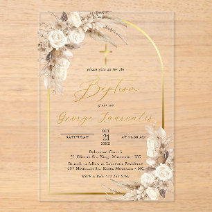 Invitations En Acrylique Baptême de gazon de Pampas neutre bohème 