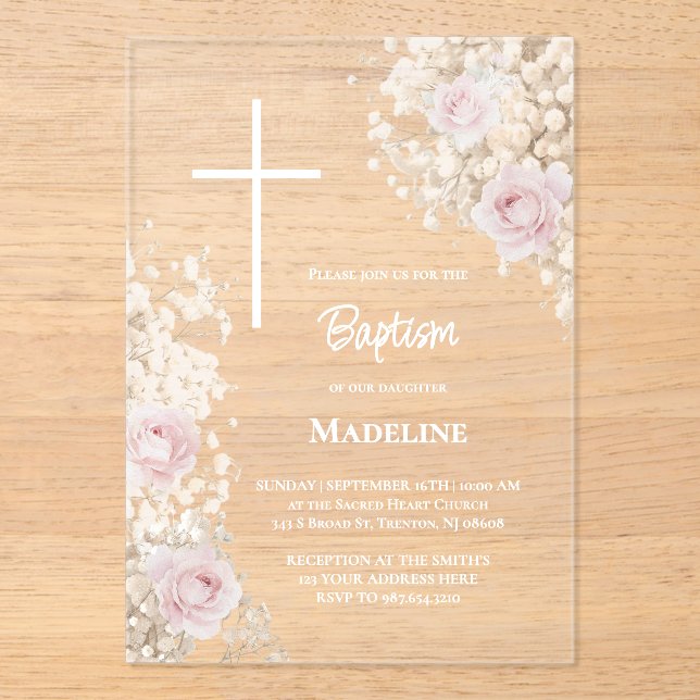 Invitations En Acrylique Baptême de la Gypsophile et roses roses (Recto)