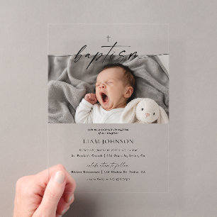 Invitations En Acrylique Baptême de photo croix minimaliste