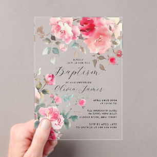 Invitations En Acrylique Baptême des fleurs blanches
