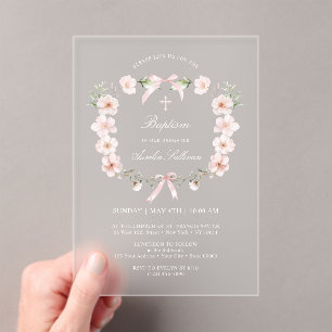 Invitations En Acrylique Baptême du cadre floral rose