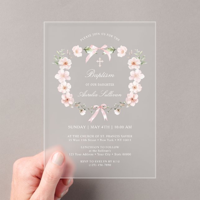 Invitations En Acrylique Baptême du cadre floral rose (In situ (ordinateur de poche))
