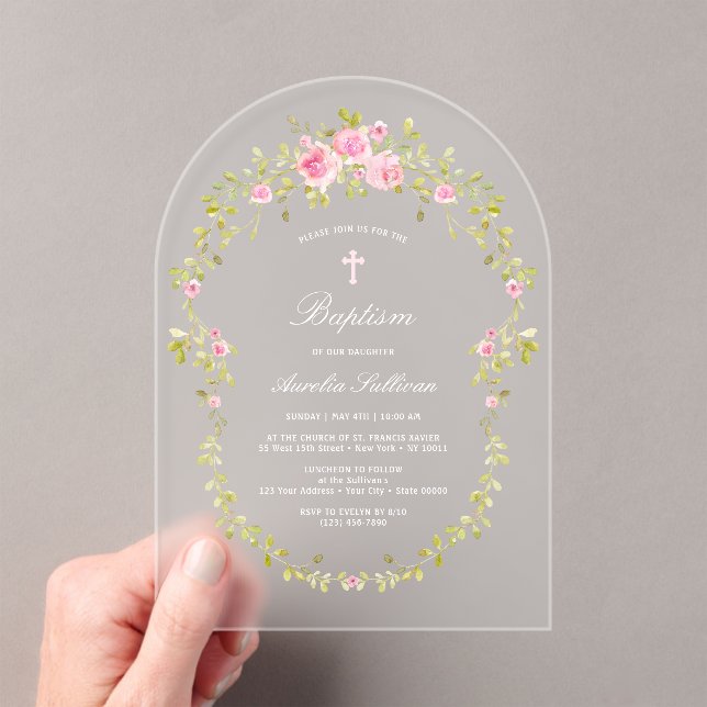 Invitations En Acrylique Baptême du cadre rose Roses (In situ (ordinateur de poche))