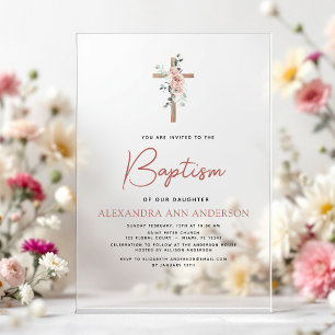 Invitations En Acrylique Baptême Dusty Rose Vert Eucalyptus