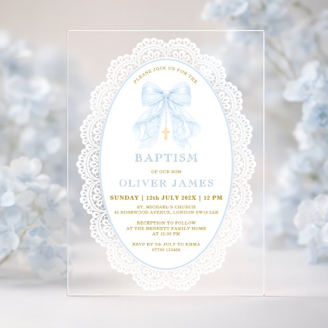 Invitations En Acrylique Baptême élégant garçon avec noeud bleu et croix (Créateur téléchargé)