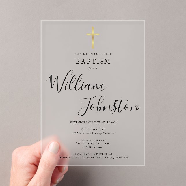 Invitations En Acrylique Baptême élégant moderne Croix dorée  (In situ (ordinateur de poche))