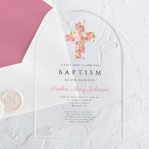 Invitations En Acrylique Baptême élégant religieux croix florale rose