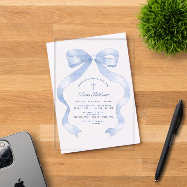 Invitations En Acrylique Baptême élégant ruban bleu (Insitu (Carte d'invitation))