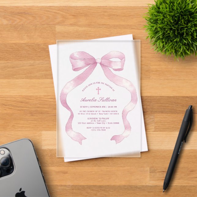 Invitations En Acrylique Baptême élégant ruban rose (Insitu (Carte d'invitation))