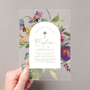 Invitations En Acrylique Baptême élégant Script or floral Bourgogne moderne