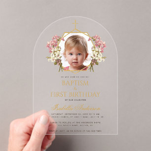 Invitations En Acrylique Baptême Fille 1er Anniversaire Photo Rose Or Flora