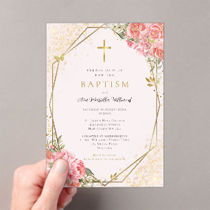 Invitations En Acrylique Baptême Fille Bébé Fleur Rose