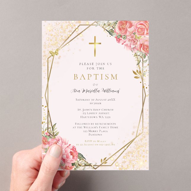 Invitations En Acrylique Baptême Fille Bébé Fleur Rose (In situ (ordinateur de poche))