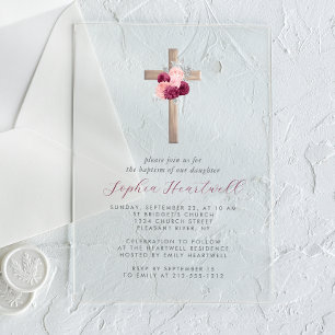 Invitations En Acrylique Baptême Fille Croix Argentée Burgundy Floral